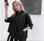 Women's Black Asymmetrical BF Blouse, 3/4 Sleeve Loose Lazy Summer Top