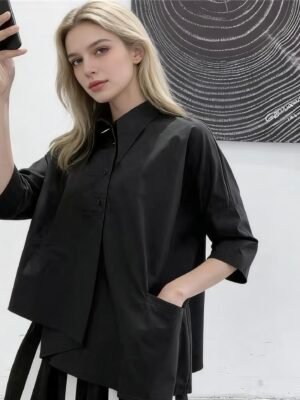 Women's Black Asymmetrical BF Blouse, 3/4 Sleeve Loose Lazy Summer Top