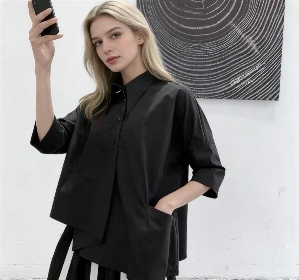 Women's Black Asymmetrical BF Blouse, 3/4 Sleeve Loose Lazy Summer Top