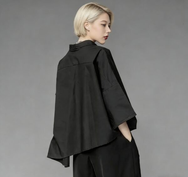 Women's Black Asymmetrical BF Blouse, 3/4 Sleeve Loose Lazy Summer Top