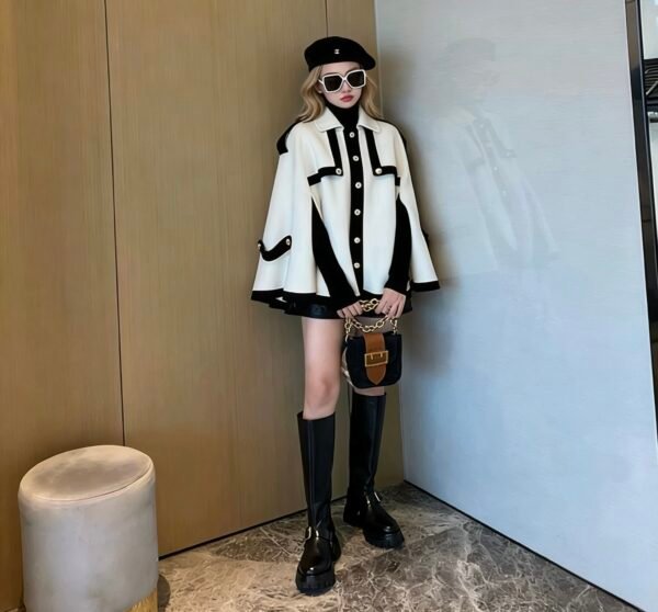 2023 New Hepburn-Style Women's Tweed Cape Coat, Niche Chanel-Inspired High-End Coat
